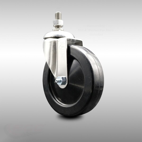5 Inch 316SS Soft Rubber Wheel Swivel 3/8 Inch Threaded Stem Caster SCC